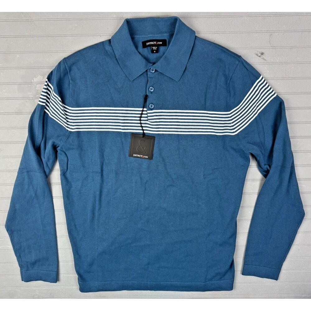 Dstrct & Row Size M Mens Polo Sweater Light Weight Blue Stripe Pullover Blue
